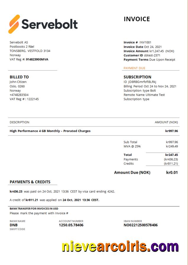 Norway Servebolt high performance hosting company invoice